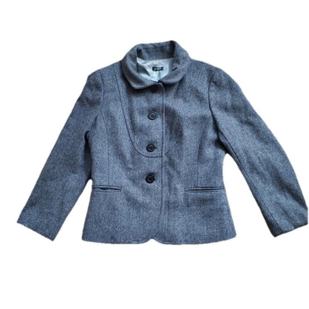 J CREW  Womens SZ 10 Gray Herringbone 100% Wool Blend Button Lined Jacket Blazer